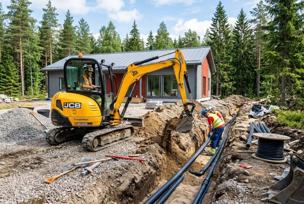 Maanrakennus ja jätevesijärjestelmät – kaivinkone työmaalla